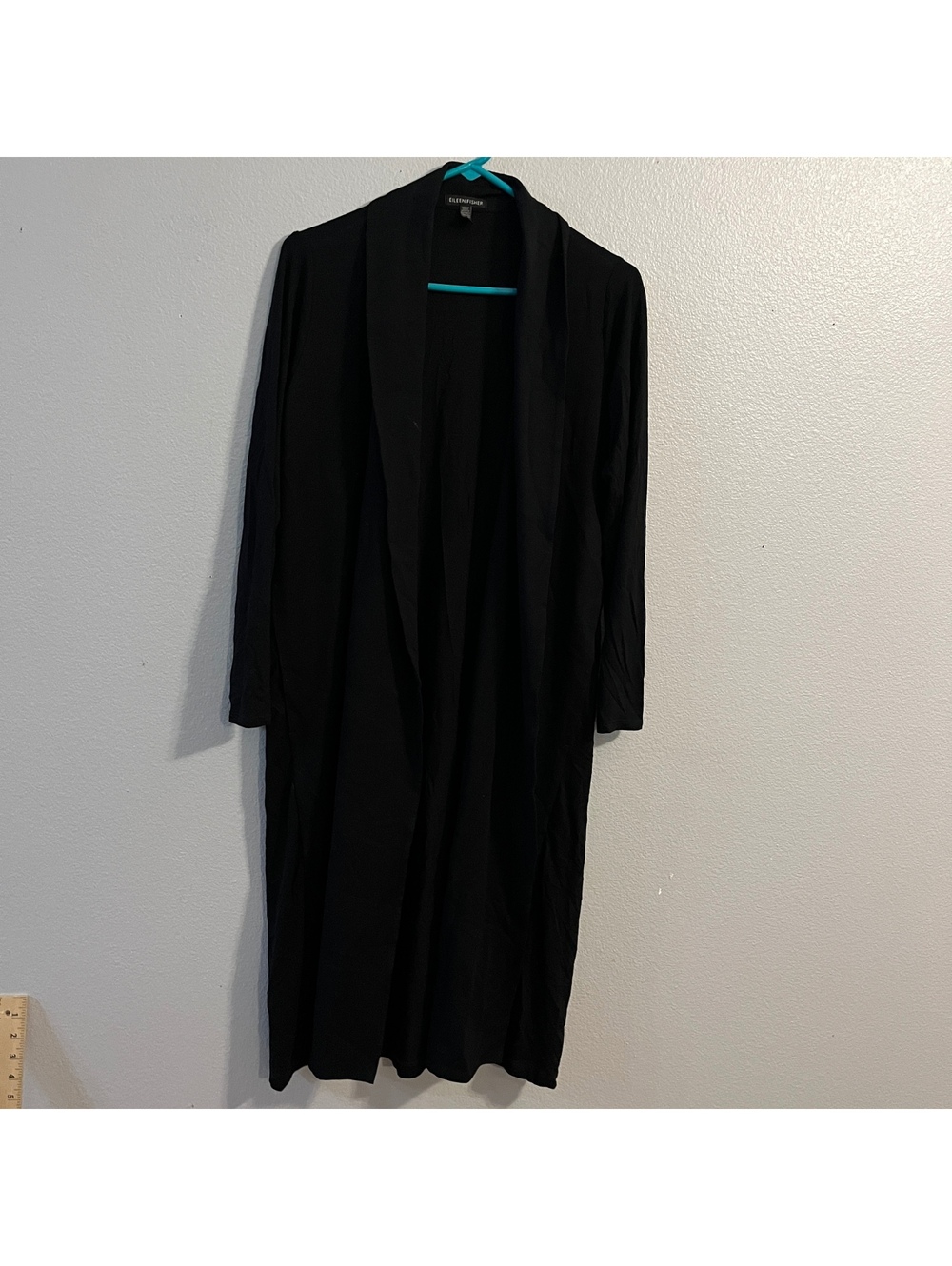 Eileen Fisher XS Black Long Open Front Cardigan Duster Made in USA Minimalist